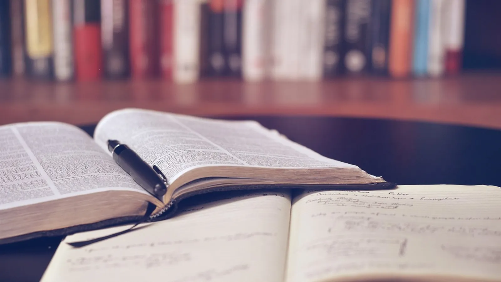 Aufgeschlagenes Buch mit Stift vor Bücherregalen